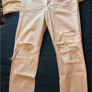 American Eagle Outfitters Cream Distressed Straight Leg Jeans